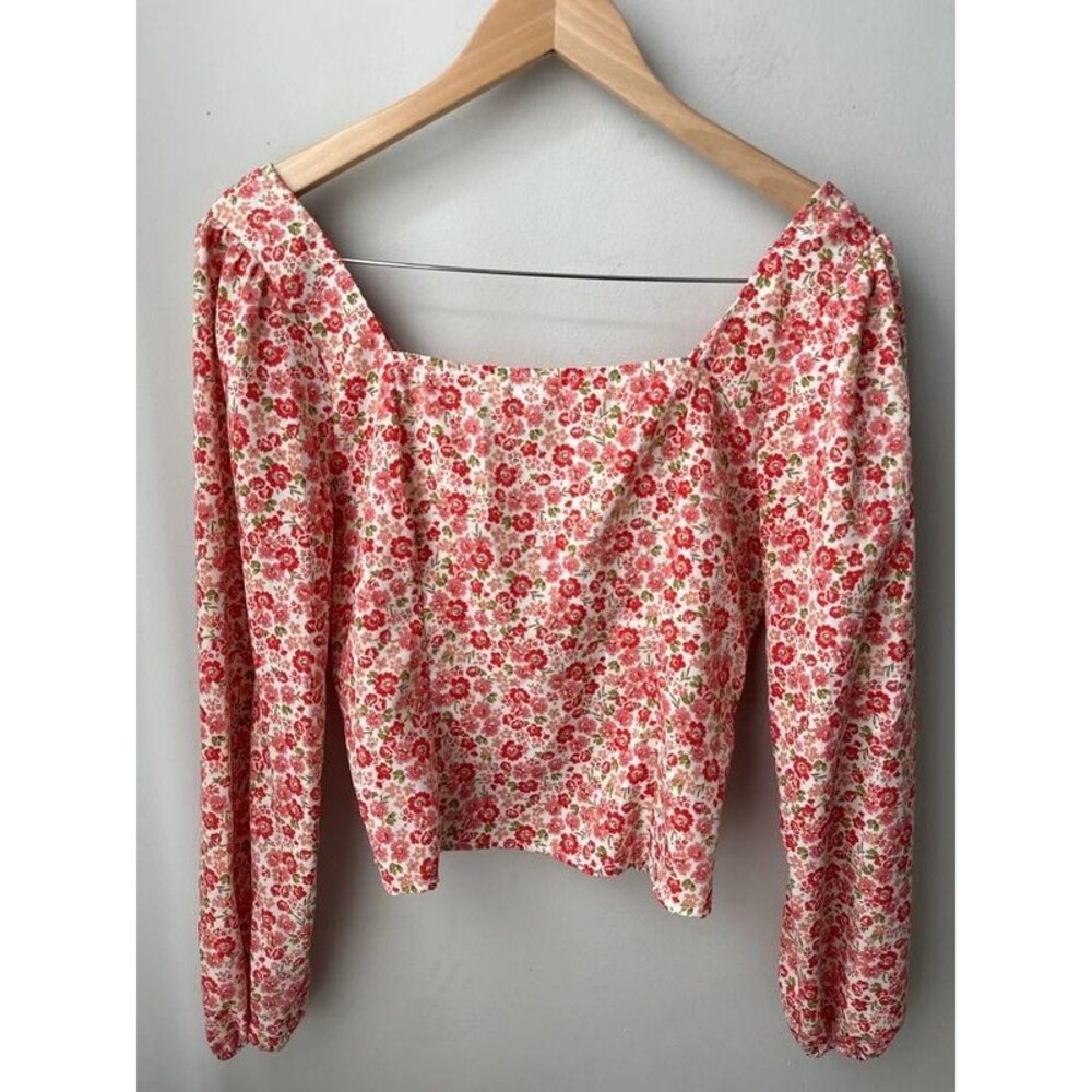 Lush Pink Floral Square Neck Long Sleeve Smocked Crop Top